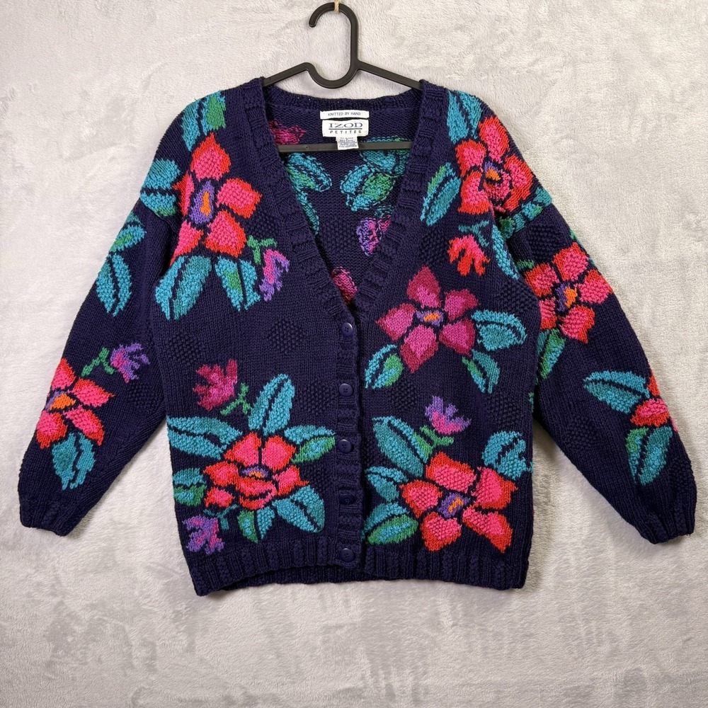 Vintage IZOD Cardigan Hand Knitted Women's Small (Marked as Petite) Floral